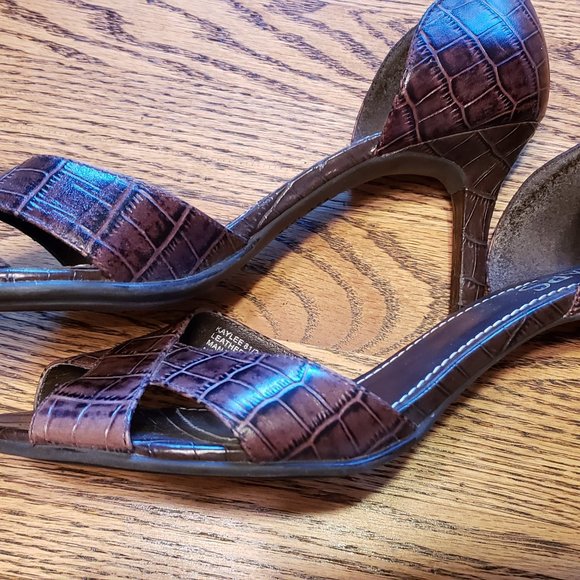Ralph Lauren Chaps Women's 8.5 Brown Leather Pumps Croc Peep Toe Heels - Picture 5 of 8
